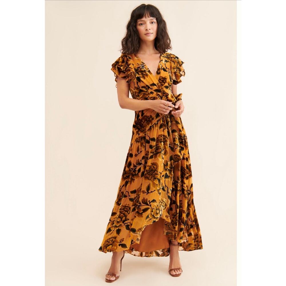 Hutch Zola Velvet Maxi Dress Gold Floral Burnout Wrap Romantic Anthropologie - Picture 6 of 14